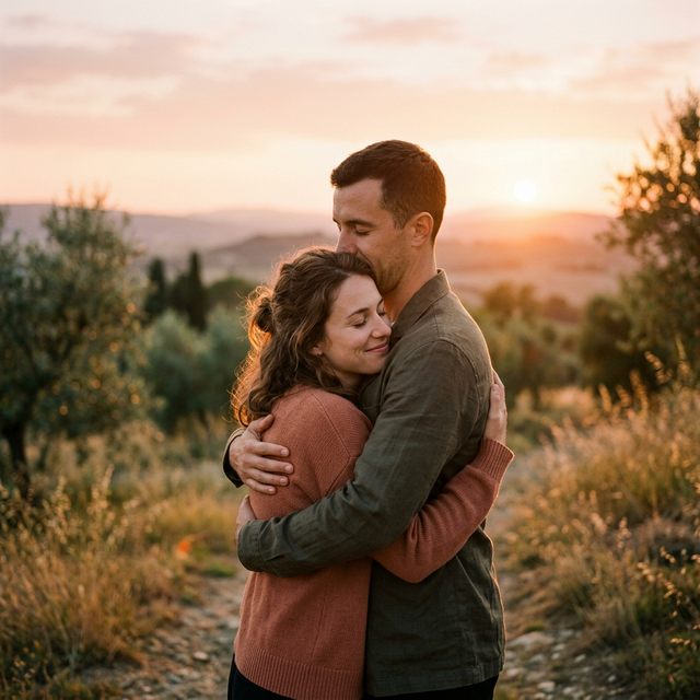 Pareja abrazándose emocionalmente al atardecer
